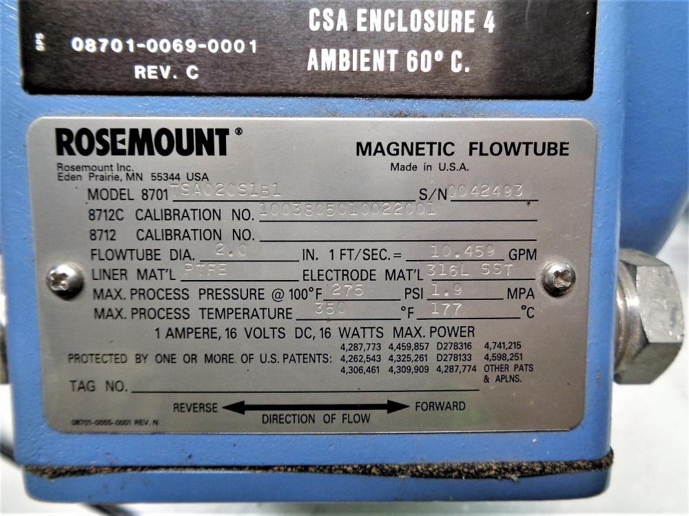 Rosemount 2" 150# Magnetic Flowtube, PTFE Lined, #8701TSA020S1B1